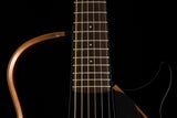 Yamaha SLG200S Silent Guitar in Trans Black, featuring a sleek body design, rosewood fingerboard, and unique frame structure.