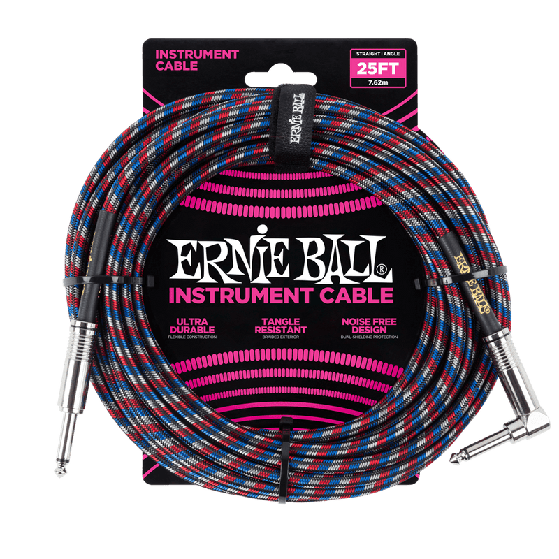 Ernie Ball P06063 Braided Instrument Cable Straight/Angle 25ft Black/Red/Blue/White