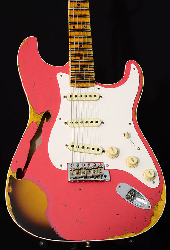 Used Fender Custom Shop '58 Thinline Stratocaster Heavy Relic Aged Coral Pink Over 2 Tone Sunburst NAMM 2018 Limited-Brian's Guitars